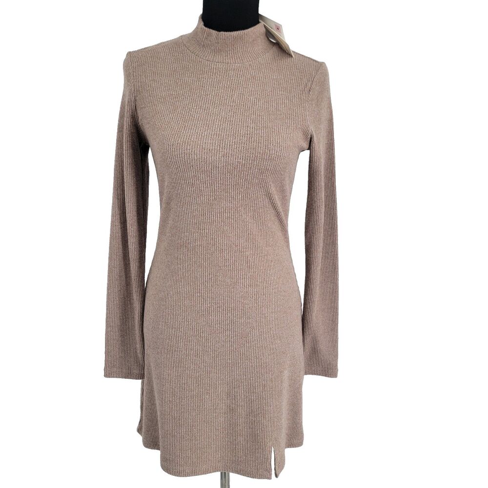 Z Supply Womens M Taupe Brown Ribbed Mock Neck Bodycon Sweater Dress NWT